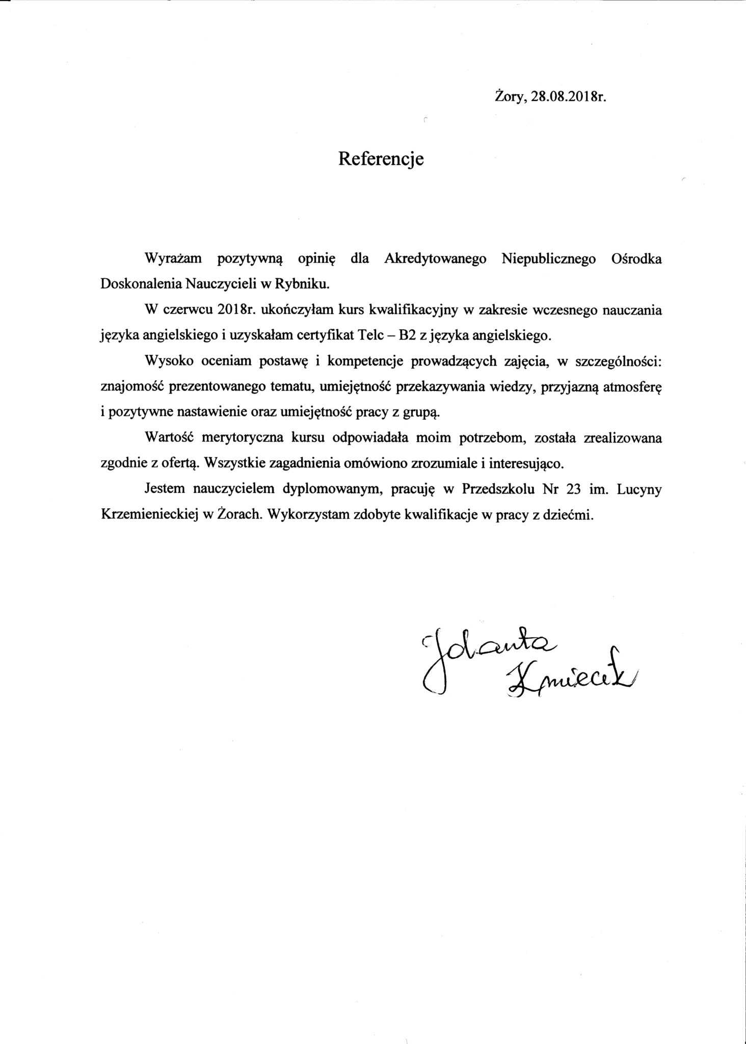 Referencje od nauczyciela dyplomowanego