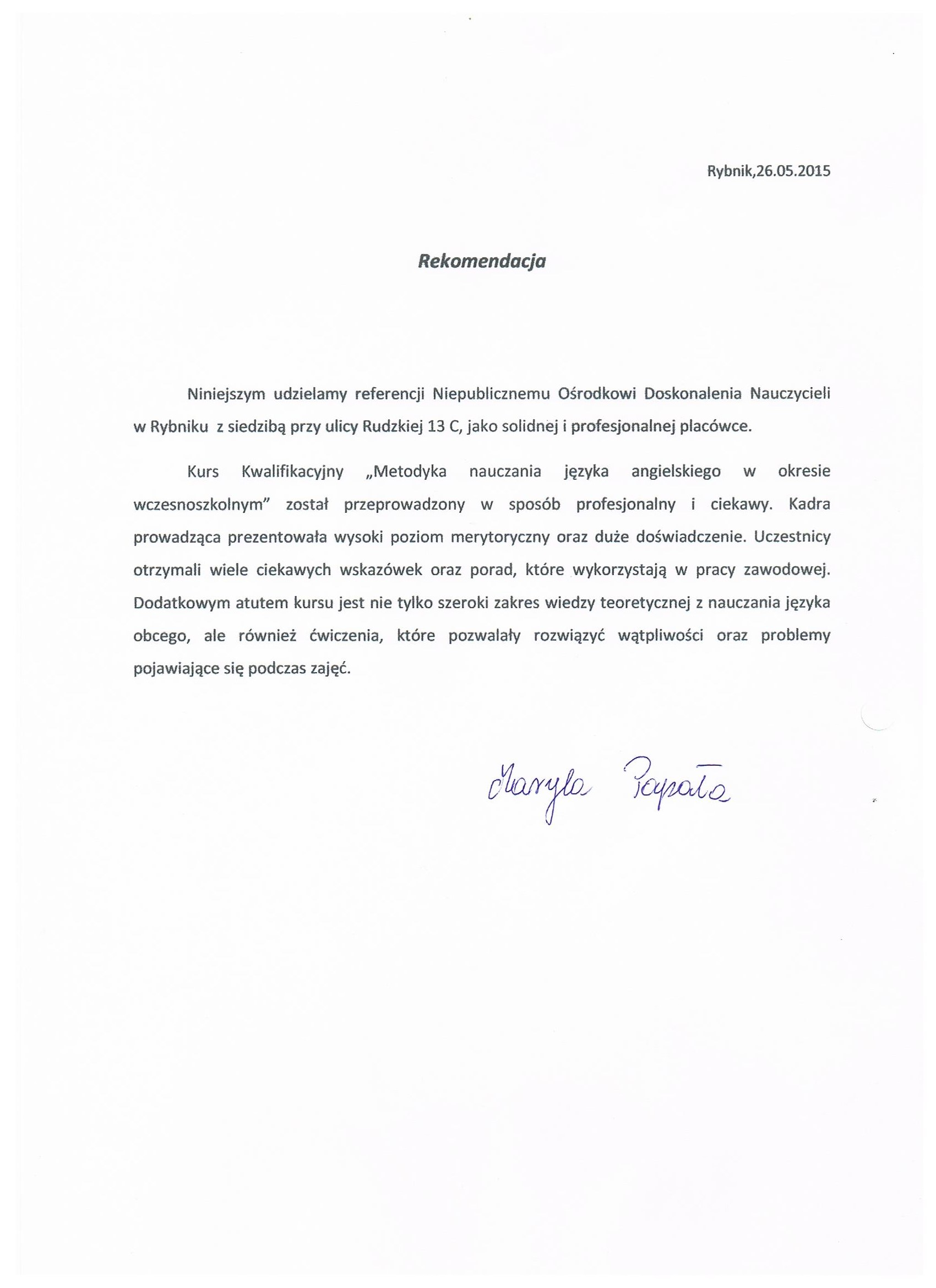 Rekomendacja - Metodyka nauczania